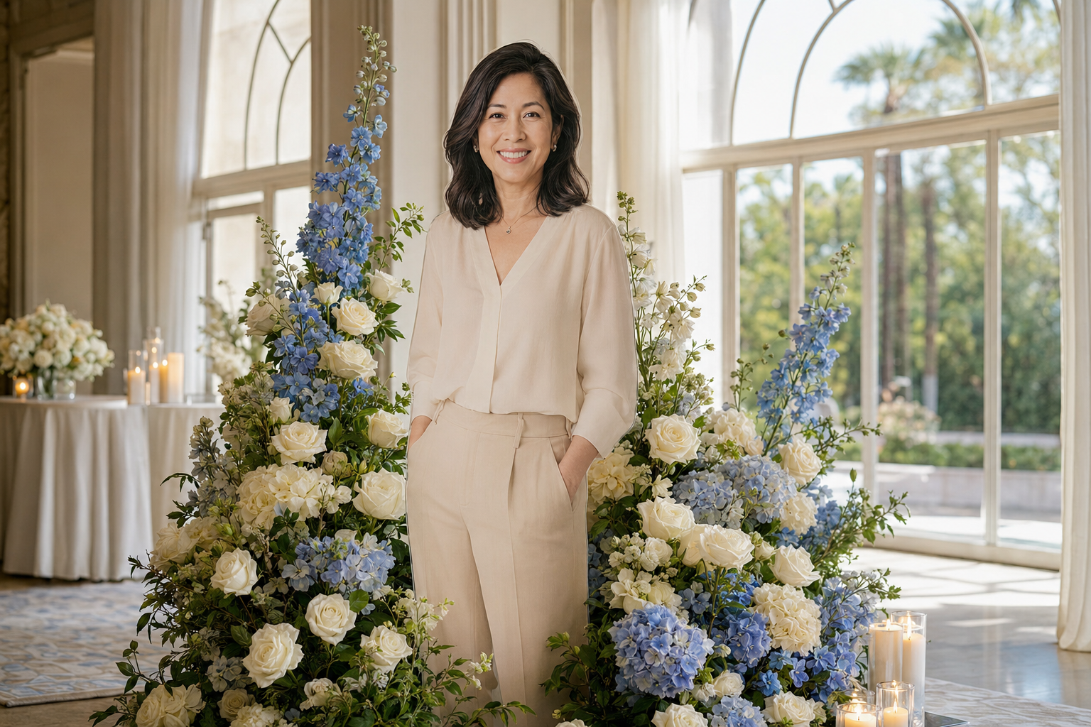 Life-size clear-edge Bloom Portrait surrounded by luxury florals
